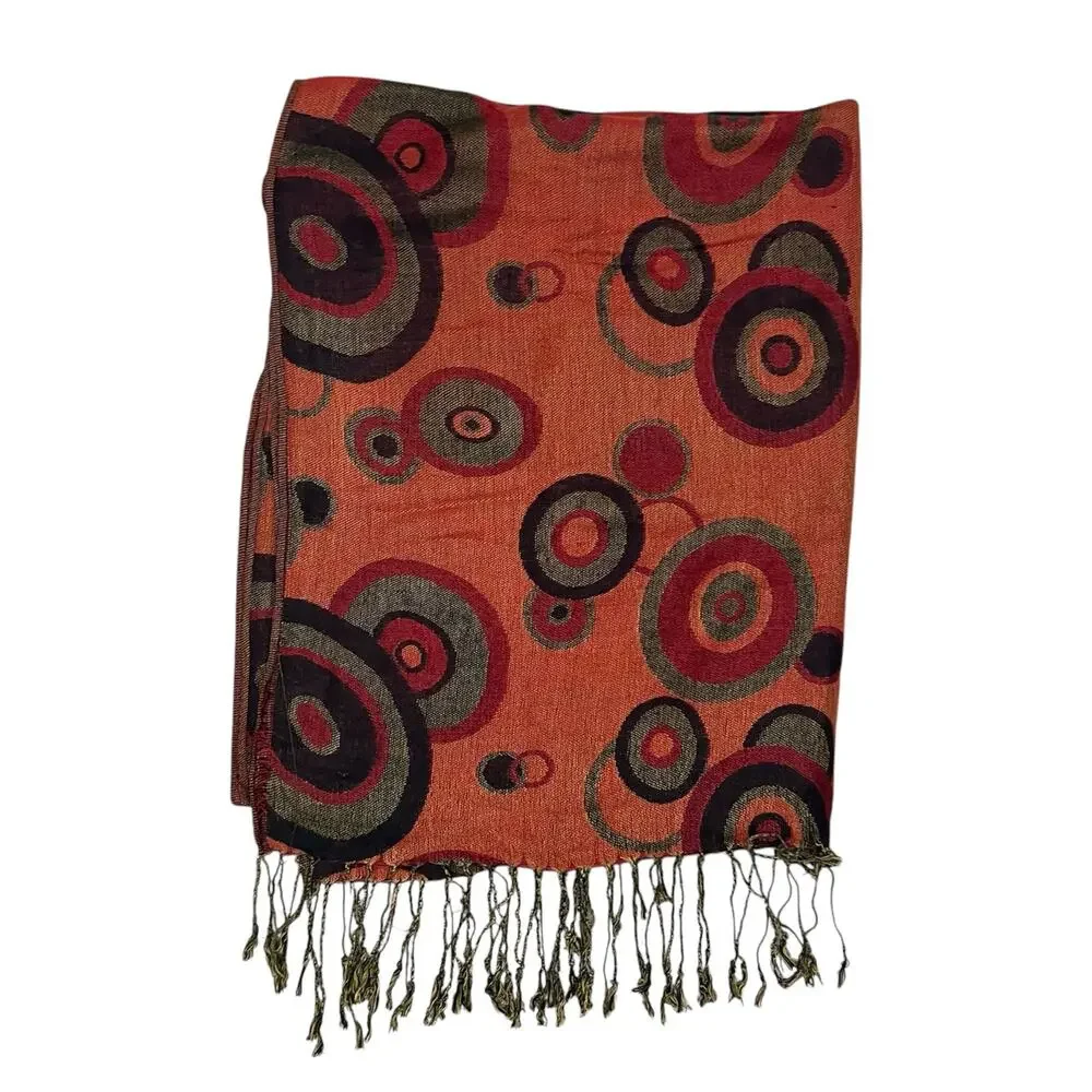 🔥 Boho Circle Print Tassel Trim Scarf Orange, Green, Red Brown